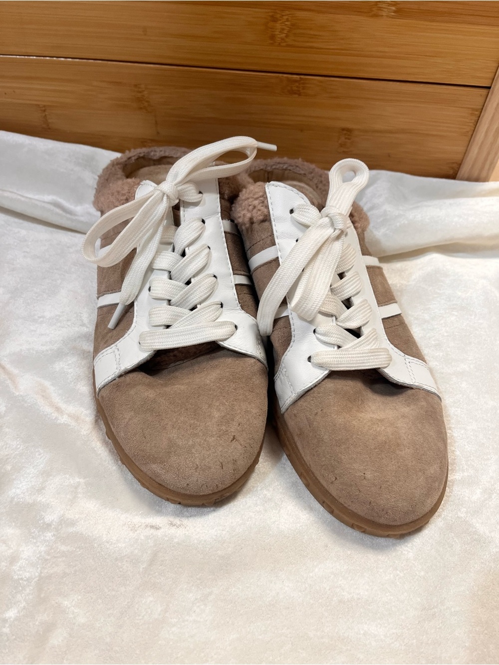 Women’s Taupe Suede Slip-On Sneakers with White Accents